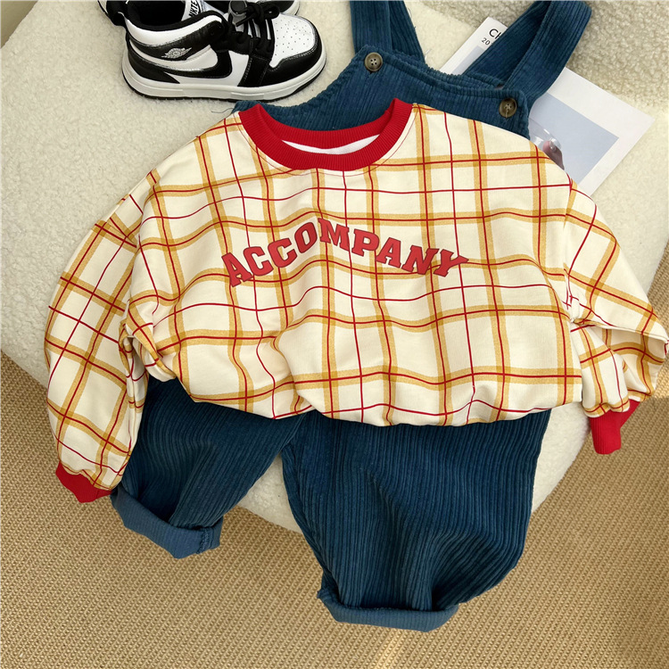 Felpa con cappuccio a quadri stampata per bambini 2024, un nuovo prodotto autunnale dalla Corea del Sud, con scollo rotondo dai colori vivaci_voghion.com