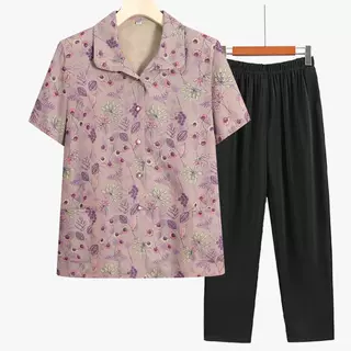 中老年人夏装女士衬衫翻领短袖60岁70妈妈装新款上衣套装奶奶衬衣