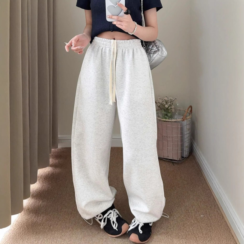 Korean-Style Elastic Plaid Waist Straight-Leg Pants for Women, New Spring Style, Loose Casual Versatile Slimming Pants with Convertible Cuffs