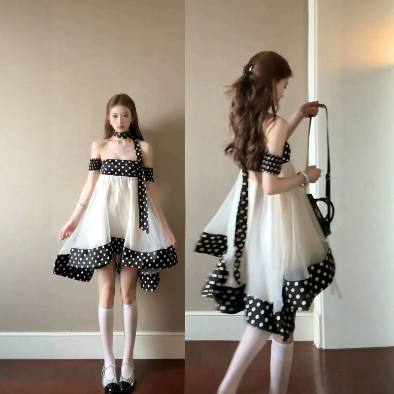 2026 New Style French-Style Stunning Polka Dot Mesh Tube Top Dress for Women Summer Seaside Vacation Princess Tutu Dress