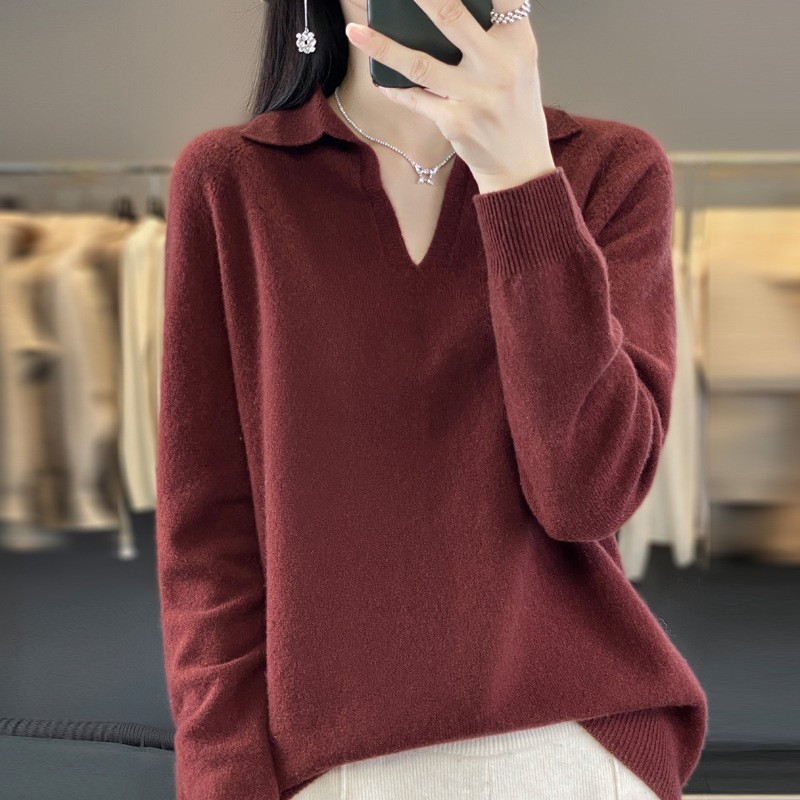 秋冬新款无缝羊毛衫女气质V领内搭针织打底翻领宽松Polo领毛衣|undefined