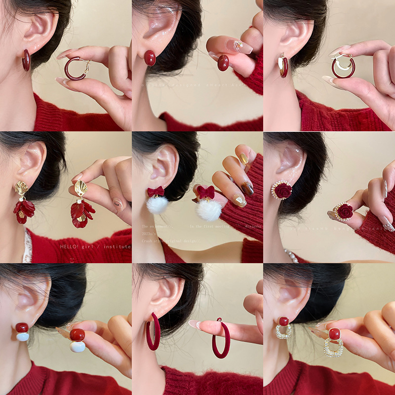 Ancola red geometric earrings women's New Year festive niche temperament explosions earrings autumn and winter ear jewelry wholesale Ancola red geometric earrings women's New Year festive niche temperament explosions earrings autumn and winter ear jewelry wholesale
