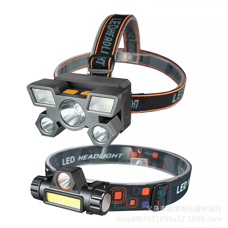 Linterna de múltiples funciones al aire libre transfronteriza LED de luz fuerte de carga USB multifunción Impermeable camping pesca nocturna linterna montada en la cabeza
