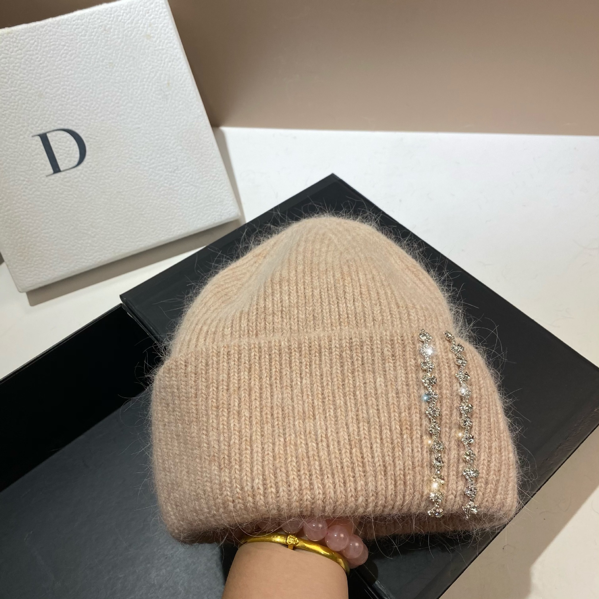 Winter-Thermomütze für den Außenbereich, langes Kaninchenhaar, doppelt gefaltete Strickmütze, Mode-Promi-Feng-Shui-Diamant-Wollmütze_voghion.com