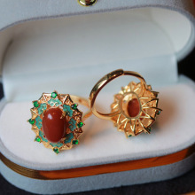 s925银镀金不掉色天然南红镶嵌戒指珐琅工艺圈口可调节女款银戒