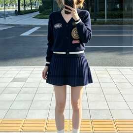 小香风套装女新款深蓝色领针织开衫百褶裙显瘦气质两件套潮休闲