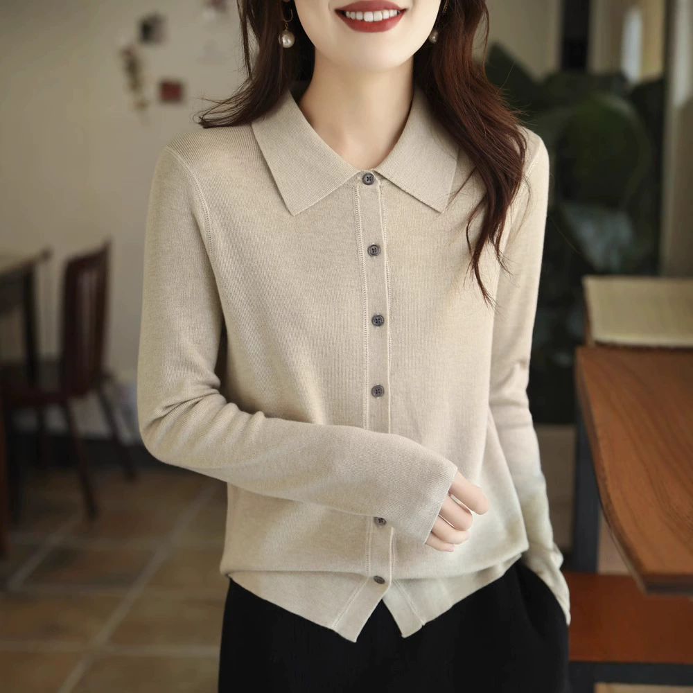 Женский свитер-кардиган с воротником-поло, тонкий трикотаж, элегантный, новый стиль, осенний, повседневный, с тонким отложным воротником