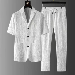 高端短袖休闲西装套装男士夏季新款修身轻奢韩版西服两件套男痞帅