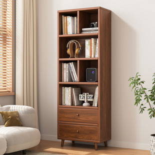 Solid Wood Bookshelf Living Room Floor-To-Ceiling Corner Shelf Household Japanese-Style Narrow Cabinet Walnut Color Display Bookcase