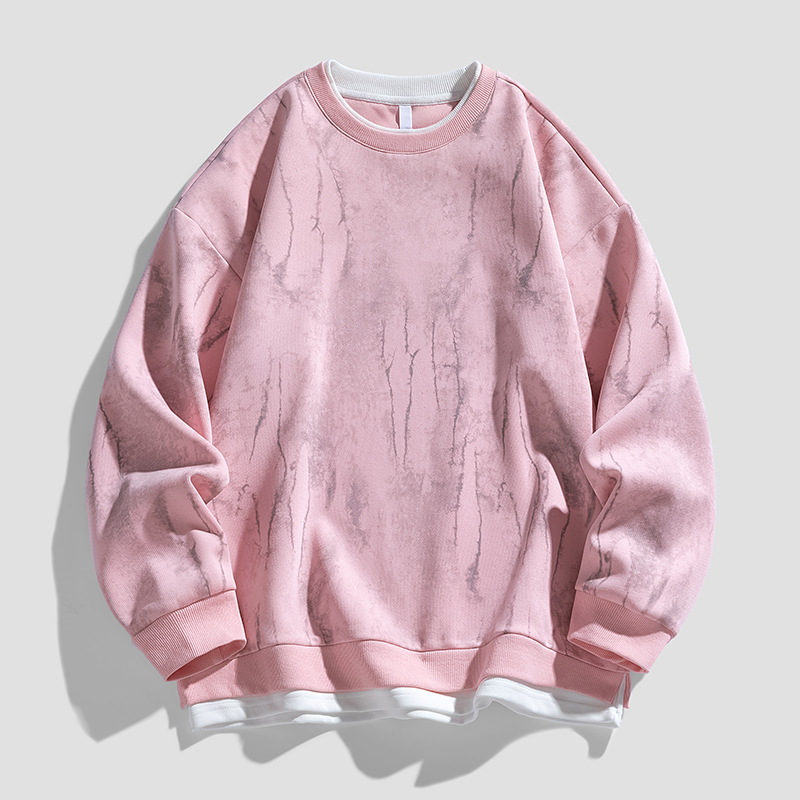 Men's Crew Neck Sweatshirt, New Autumn Trendy Brand, American Style, Heavyweight, Irregular Print, Fake Two-Piece, Long-Sleeved Top for Men