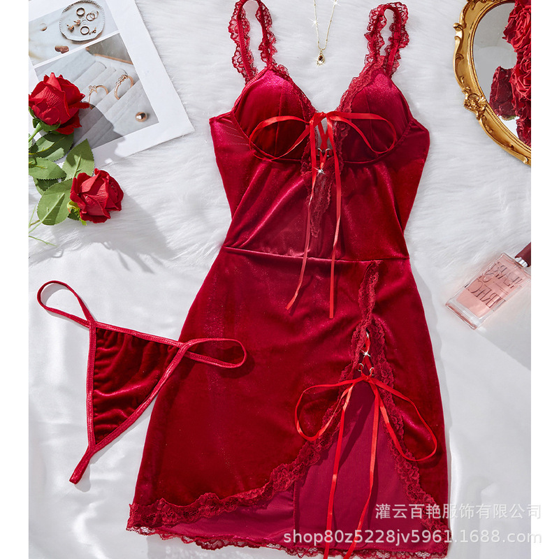 New cross-border sexy lingerie sexy ladies red velvet suspenders skirt Christmas straps nightgown a generation of hair New cross-border sexy lingerie sexy ladies red velvet suspenders skirt Christmas straps nightgown a generation of hair