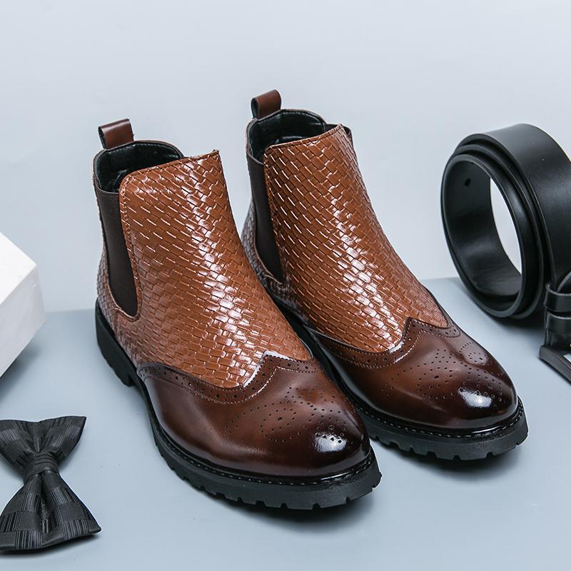 Cross-Border Brogue Carved Cheshire Boots High-Top Leather Shoes British Casual Work Boots Slip-On Martin Boots Men's Boots