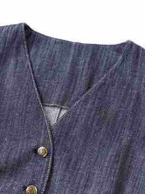 Áo vest denim nữ cổ chữ V phong cách retro, áo khoác mặc ngoài dáng suông dài 50–65 cm — Xanh cổ điển