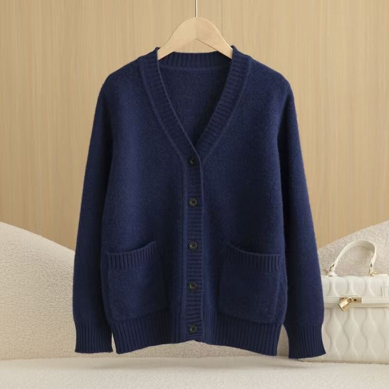 Wool navy blue sweater with long sleeves, warm knitted thick style, doctor's thickened V-neck nurse sweater cardigan