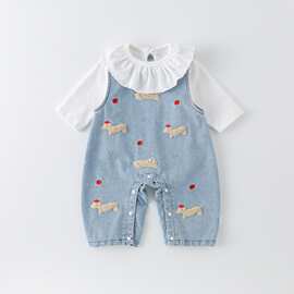 婴儿衣服春季新款背带裤娃娃领纯棉两件套女宝宝外出哈衣周岁婴儿