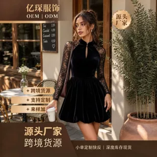 定制跨境女装复古欧美风收腰A字小黑裙立领镂空蕾丝长袖短款连衣