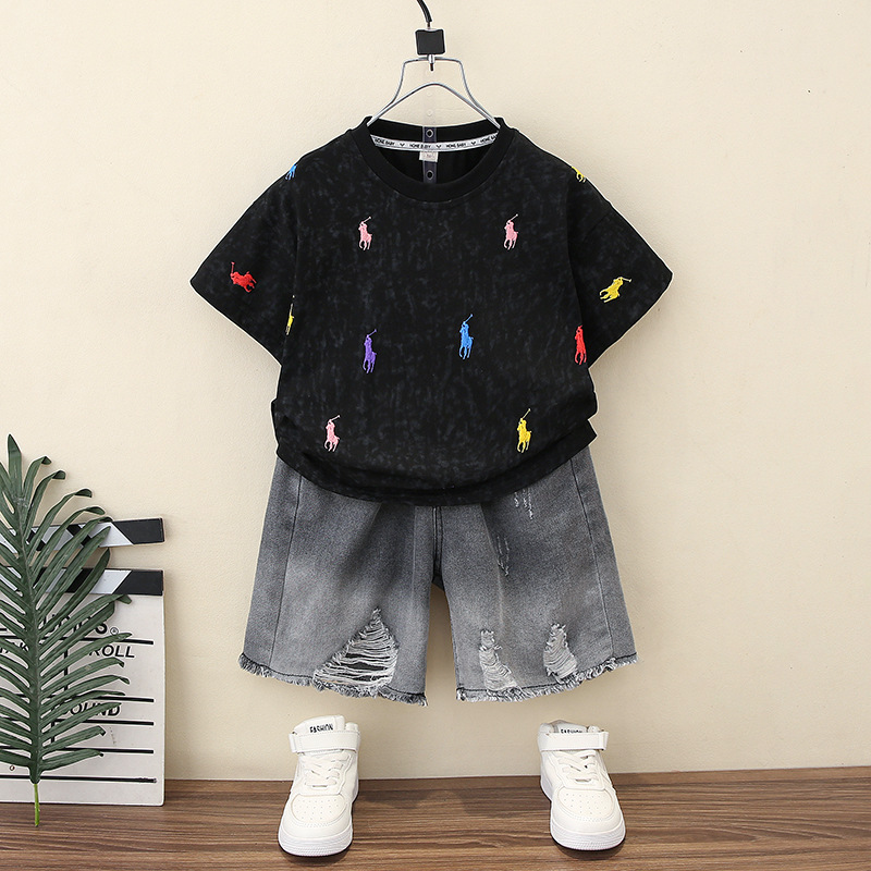 7378 Traje de verano para niños Camiseta de manga corta de dibujos animados para niños coreanos Pantalones vaqueros para bebés Pantalones cortos de verano Ropa delgada 3