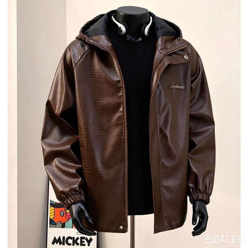 American Street Style Retro Crocodile Pattern Hooded Leather Jacket for Men, Loose Raglan Drawstring Leather Jacket, Cross-Border Wholesale in Stock