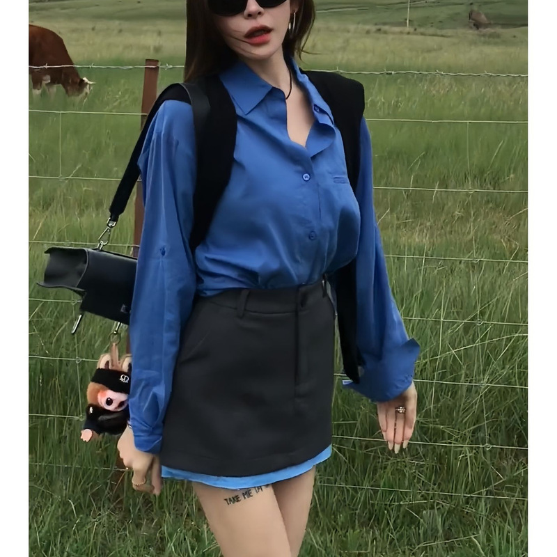 早秋穿搭一整套韩系新款克莱因蓝长袖衬衫半身裙独特巨好看套装女|undefined