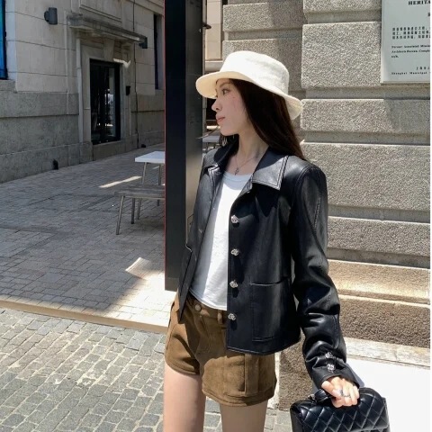 Xiangxi Private Collection Black Motorcycle Leather Jacket for Women, Autumn Casual Versatile Short Jacket