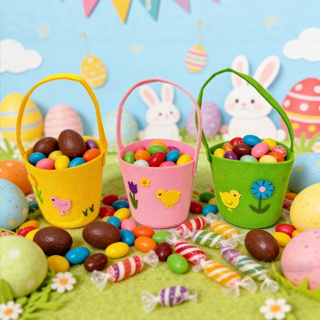 跨境新品复活节装饰品复活节圆形手提无纺布桶复活节装饰摆件批发