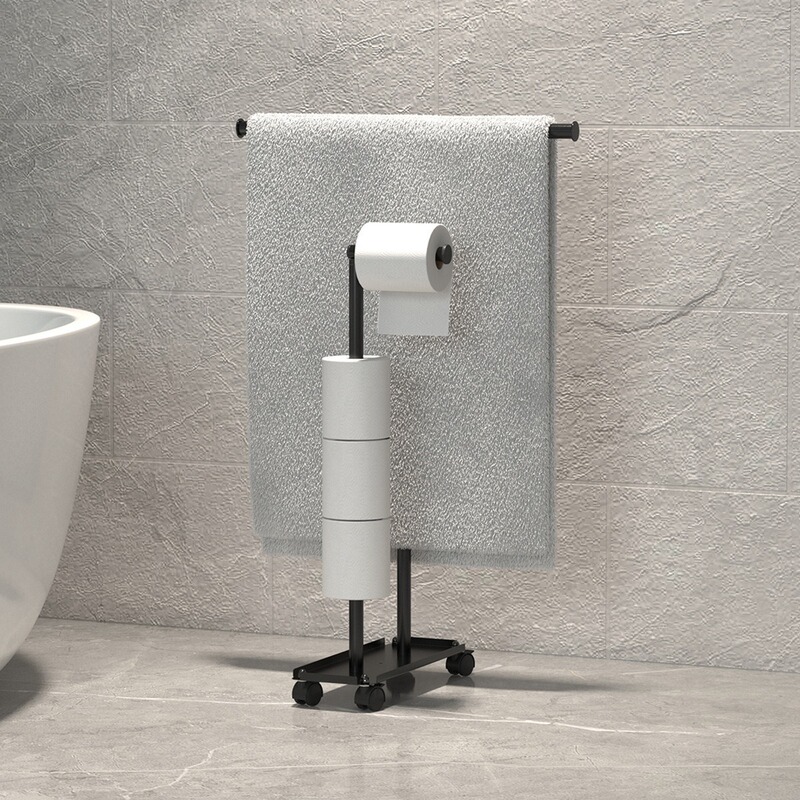 Floor-Standing Towel Bar with Wheels, Bathroom Paper Towel Holder, Bathroom Towel Rack with Toilet Paper Holder, Multi-Functional Storage Rack