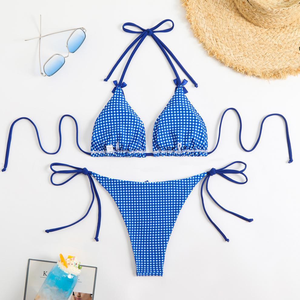 Bikini Swimwear Women Split Bikini Plaid Printed Bow Sexy Swimsuit