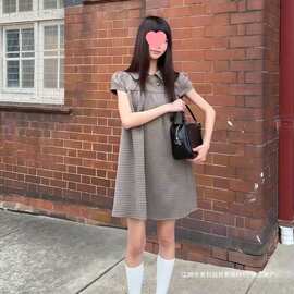 2026夏季娃娃领美式复古格子短袖宽松洋气连衣裙图片色薄纱东南亚