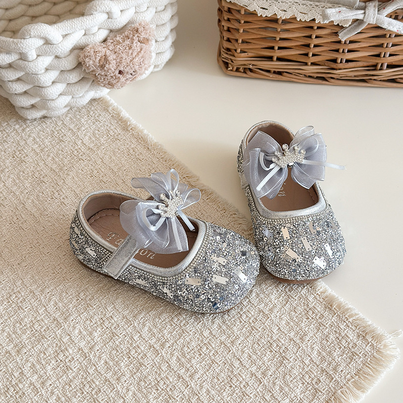 Princess Performance Dance Shoes For Girls Korean Style Spring New Leather Crown Bow Little Girl Shoes_voghion.com