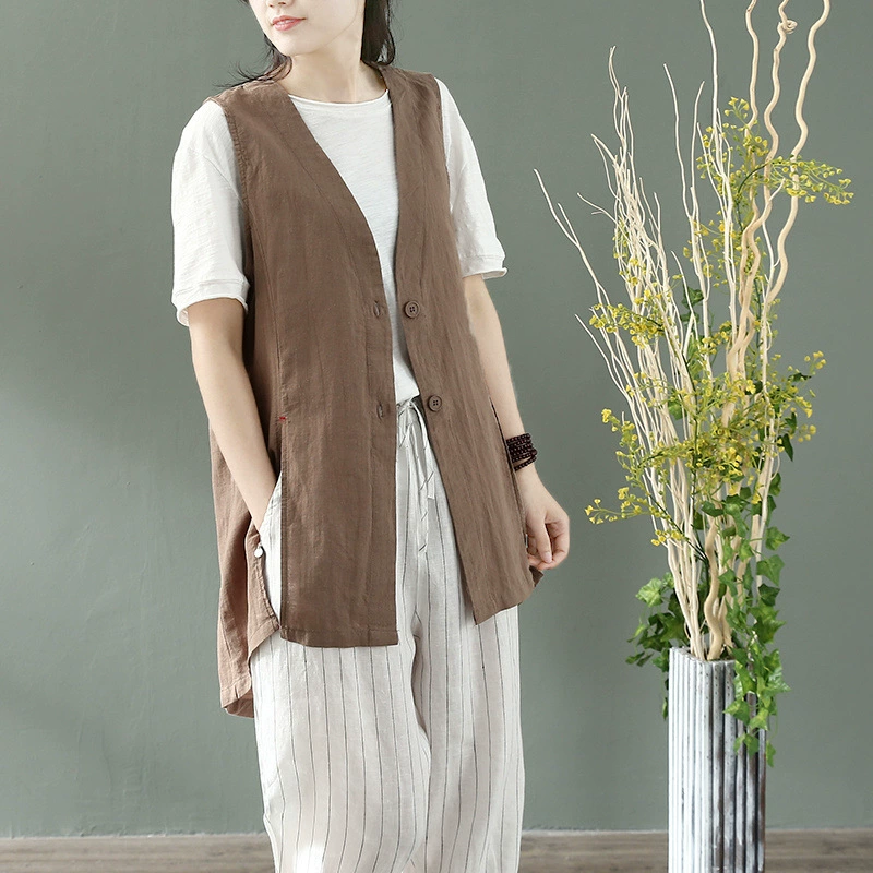 2025 Весна/Лето Льняная рубашка с кондиционером для женщин, простой и художественный свободный жилет из хлопка и льна, маленькая куртка, жилет-кардиган, тонкий.