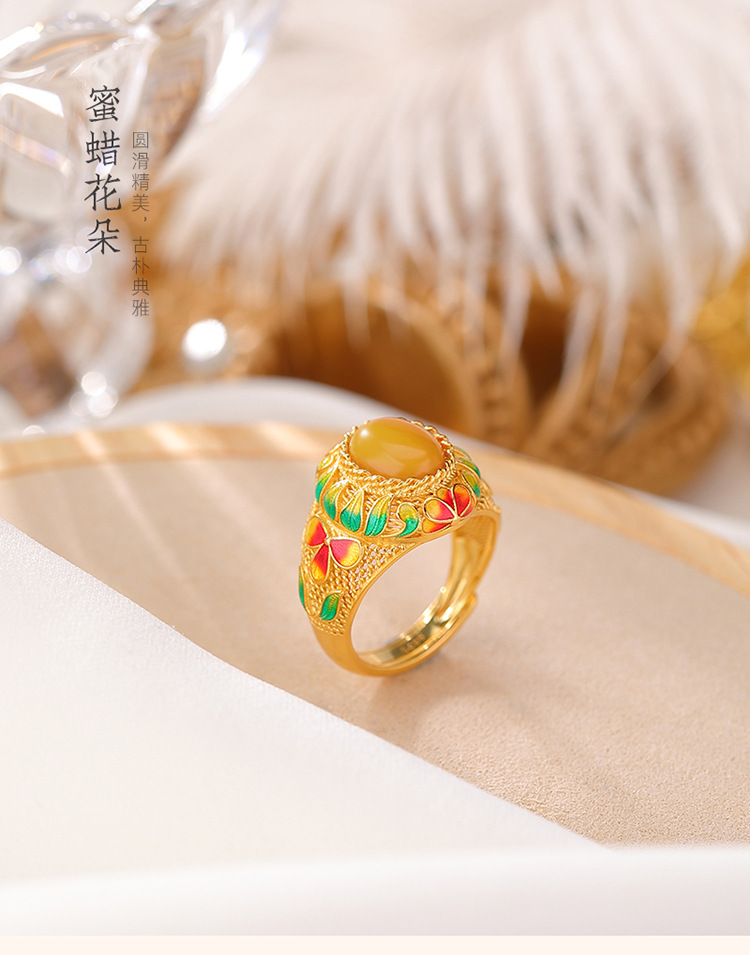 Nhẫn bạc S925 mạ vàng sáp ong phong cách dân tộc retro họa tiết men hoa lá — Bạc 925 chi tiết 2