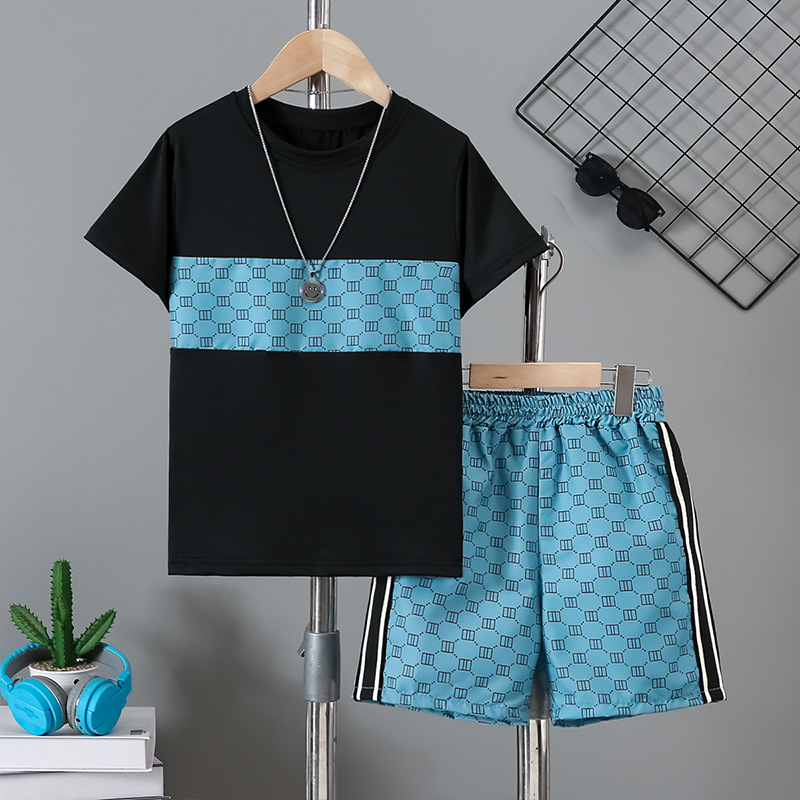Boys Summer Tracksuit Patchwork Printed Short Sleeve T-Shirt Trendy Casual Two-Piece Set For Kids_voghion.com