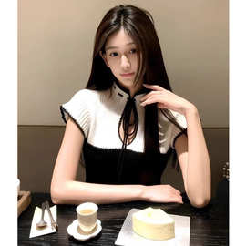 纯欲辣妹半高领系带镂空短袖针织衫女春夏气质小香风撞色拼接上衣