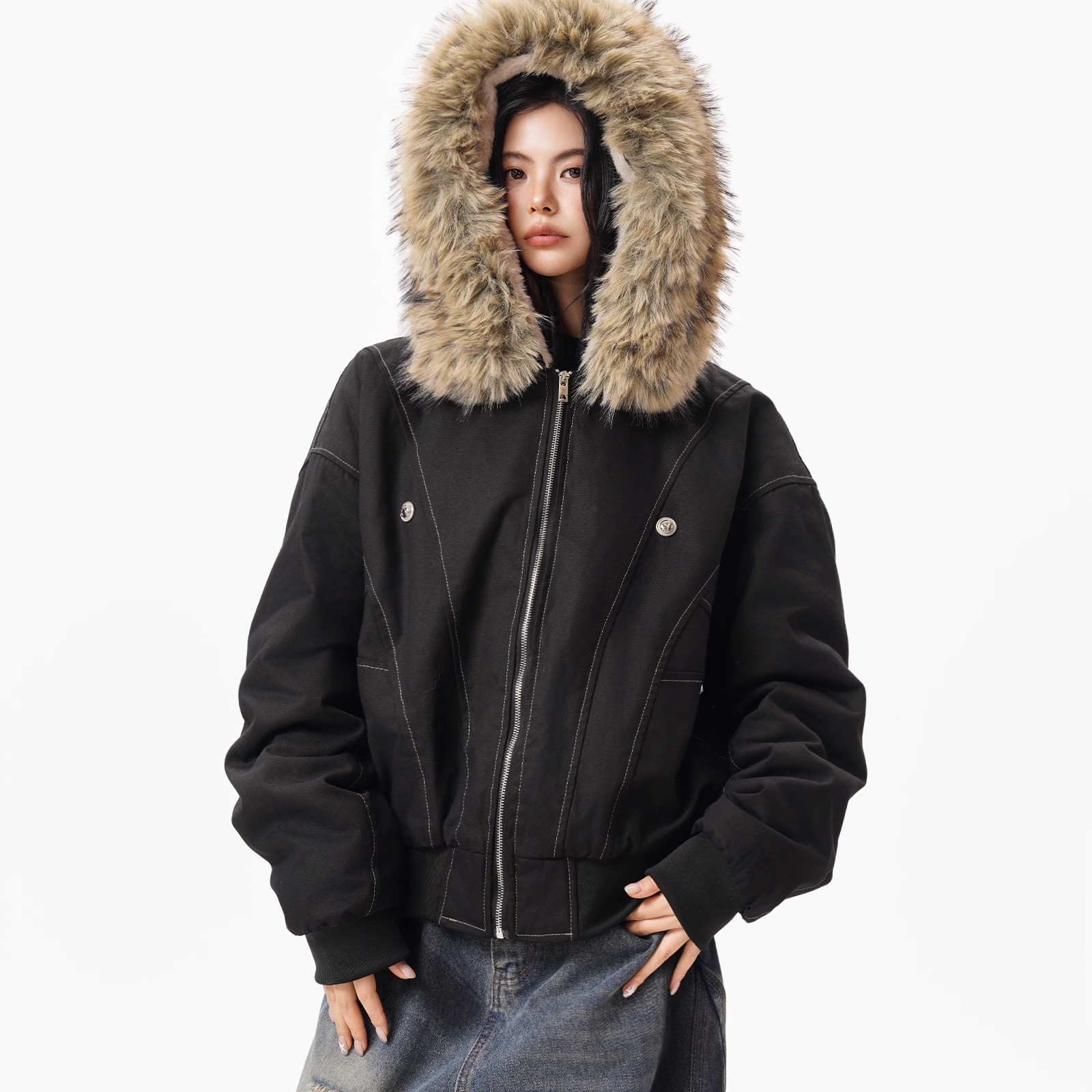Fur-collar mountain-shaped jacket, cotton-padded coat, women's and men's winter fleece-lined, thickened, warm parka, loose casual workwear coat