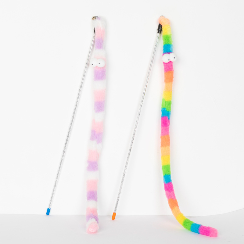 Divertido gato palo en stock al por mayor de cuero Taobao franela Arco Iris serpiente color largo terciopelo tira divertido gato palo gato juguete para mascotas