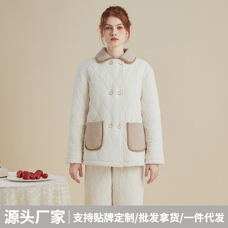 Women's winter three-layer quilted, thickened, and warm loungewear set, featuring a stand-up collar, double-breasted design, and can be worn as outerwear or pajamas