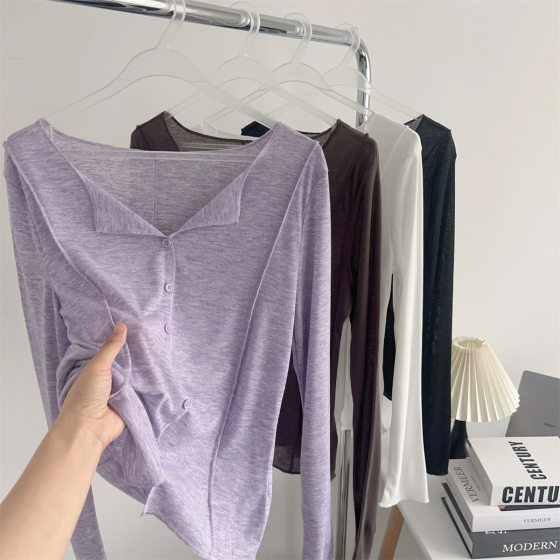 Pure Desire for Wind ~ Spice Girls V-Neck Button Knitted Sunscreen Shirt Women's Summer Loose Slim T-Shirt Air Conditioning Top Blouse Thin