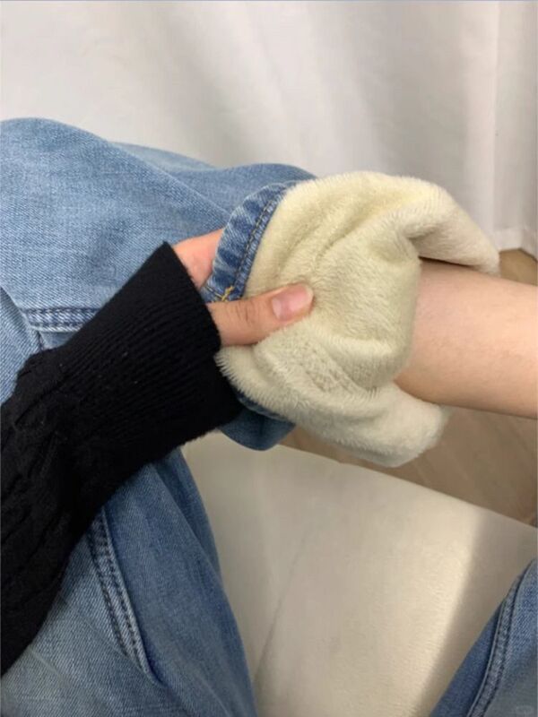 蓝色梨形窄版直筒牛仔裤女秋冬加绒裤子新款高腰显瘦阔腿拖地长裤|undefined