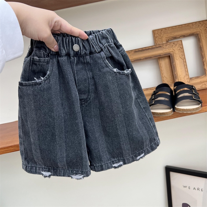 Boys summer American distressed shorts, children's dark cut denim loose casual pants, 5/4 pants_voghion.com