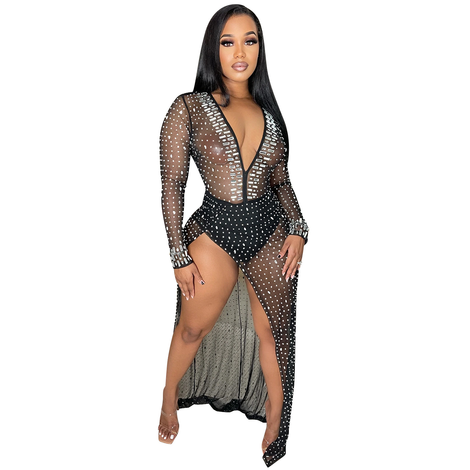 AliExpress Amazon europeo y americano de la moda las mujeres ropa discoclub caliente perforación profunda V manga larga split vestido mujeres image 6