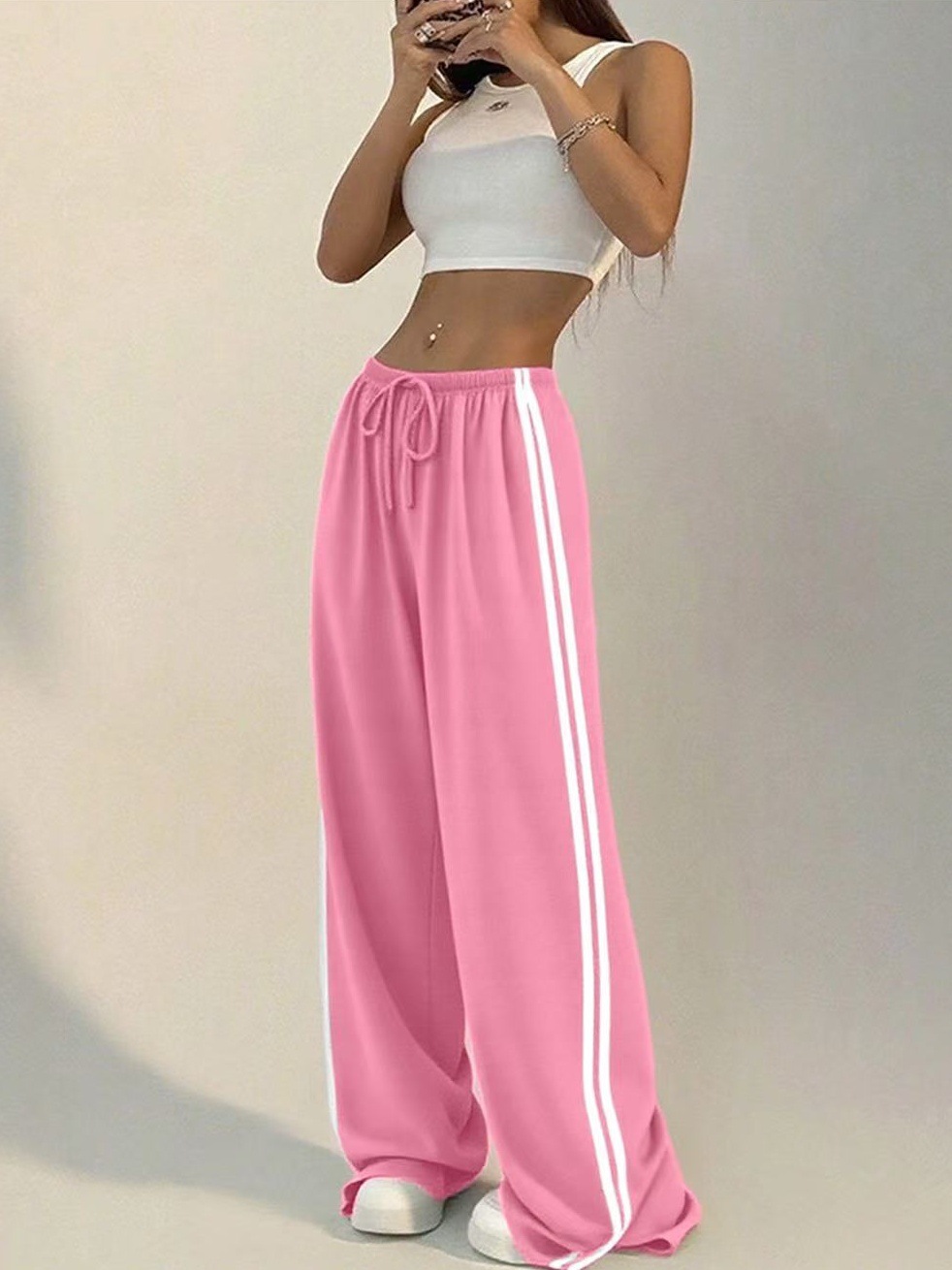 High-waisted Wide-leg Lounge Pants With Side Stripe Detail_voghion.com