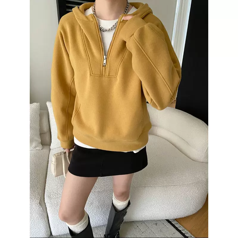 司南 随性氛围感 美式慵懒风半拉链连帽休闲宽松加绒卫衣 SN8424