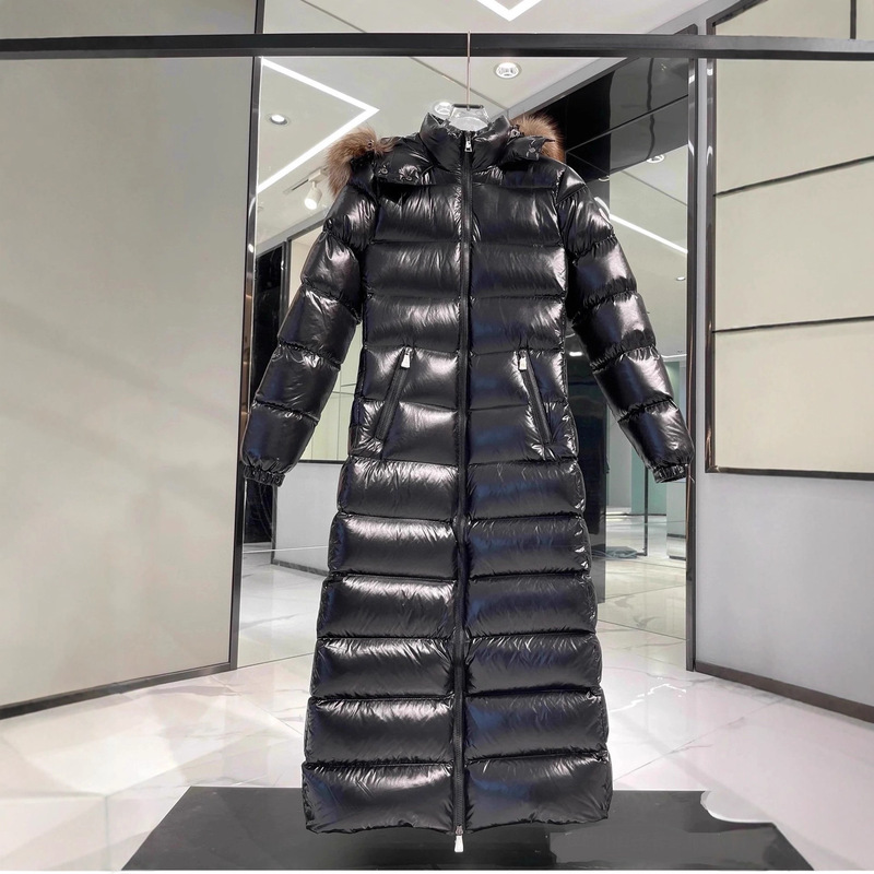 Putian 2026 Autumn and Winter New Product Mengjia High Version Super Long Fur Collar Glossy Hooded down Jacket Women's Pure Color Black