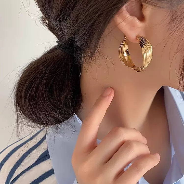 S925银针法式复古金属耳环女小众设计高级感港风扭曲耳圈百搭耳饰