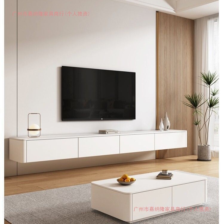 クリームスタイルの白いコーヒーテーブルとテレビキャビネットの組み合わせ、シンプルでモダンな無垢材の軽い高級感のある吊り下げテレビキャビネット、リビングルーム一体型|undefined