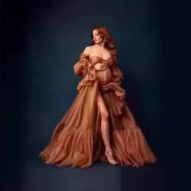 跨境外单性感抹胸喇叭袖孕妇晚礼服新娘写真拍照前开叉晚宴敬酒服