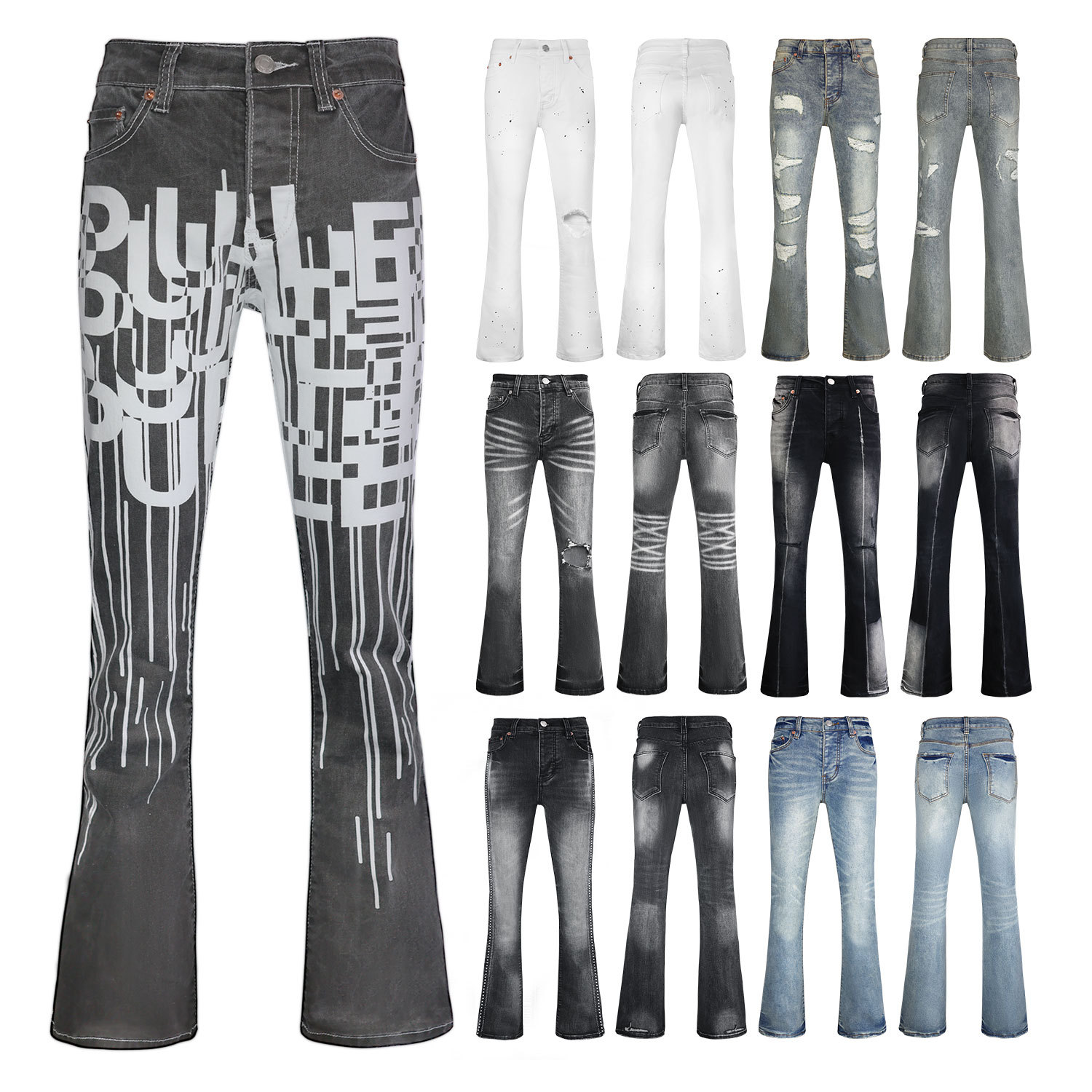 Pu Splash Ink Washed Distressed Jeans Men's Slim Fit Bell Bottoms Cross-Border Export Lightning Crackle Washed Jeans