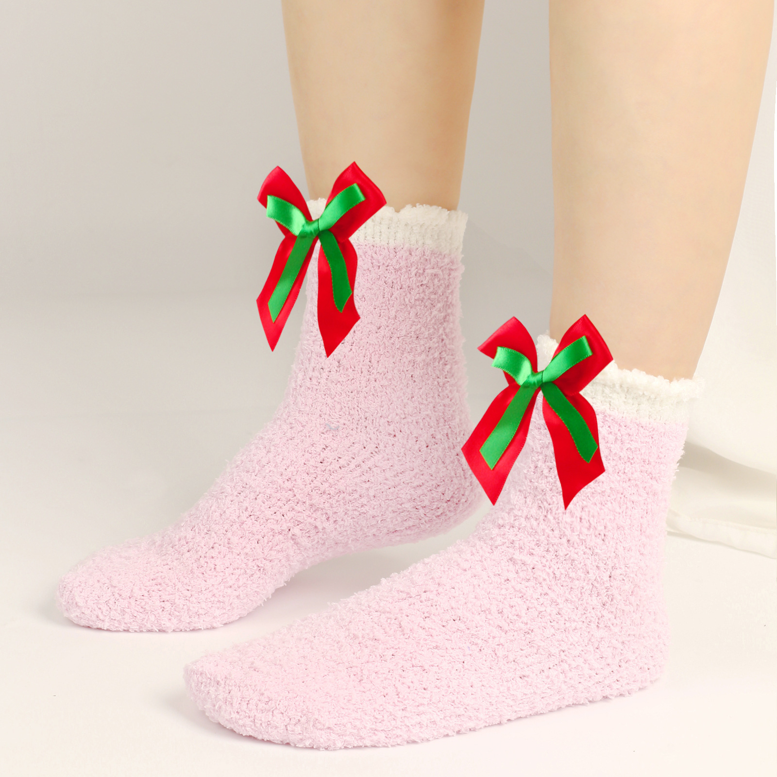 Calzini da donna Calzini spessi e caldi in peluche Calzini in pile corallo con fiocco Calzini a tubo medio autunnali e invernali Calzini con fiocco_voghion.com