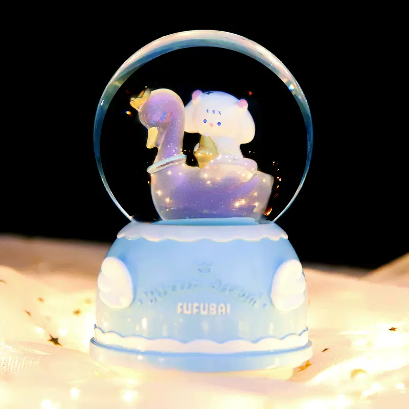 梦幻天鹅桂桂兔旋转飘雪花发光水晶球八音盒女生卧室桌面装饰礼品