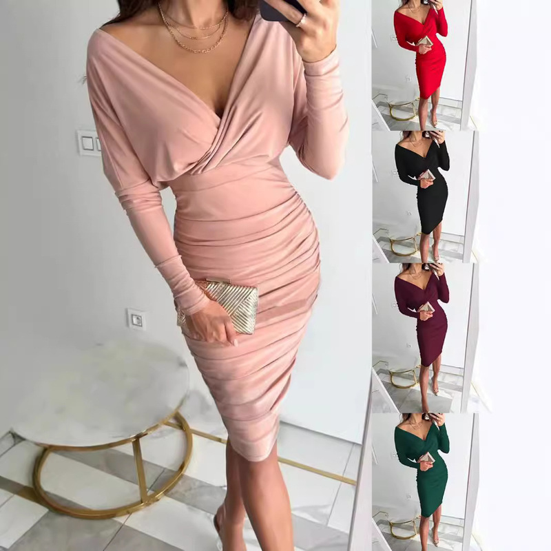 2025Wish Amazon's New Celebrity Style Autumn and Winter Long V Neck Sexy Hip-Hugging Skirt Waist Dress for Women